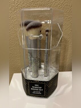 5PC Rhinestone Bling Makeup Brush Set with Clear Organizer